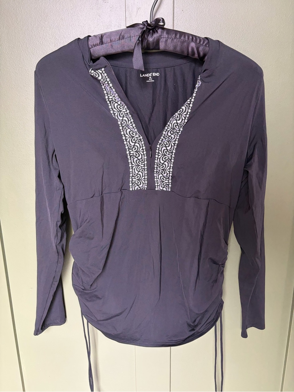 Lands' End Long-Sleeve Tunic rash guard in black with Embroidered V-Neck